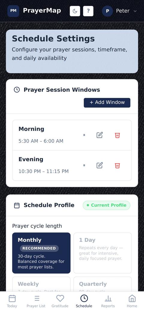 Prayer session windows on a phone