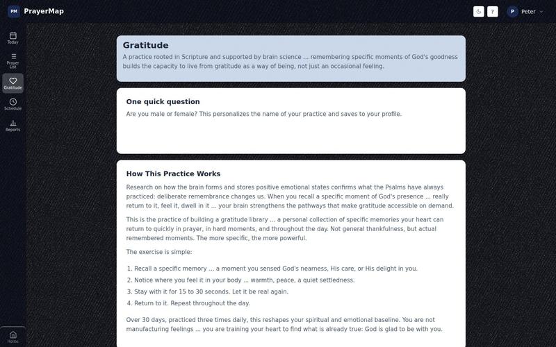 The PrayerMap Gratitude page explaining how the practice works: recall a specific memory of God's nearness, notice where you feel it, stay with it for 15 to 30 seconds, and return to it through the day