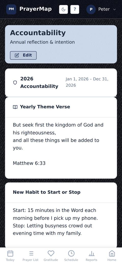 Accountability on a phone, with the theme verse and goals