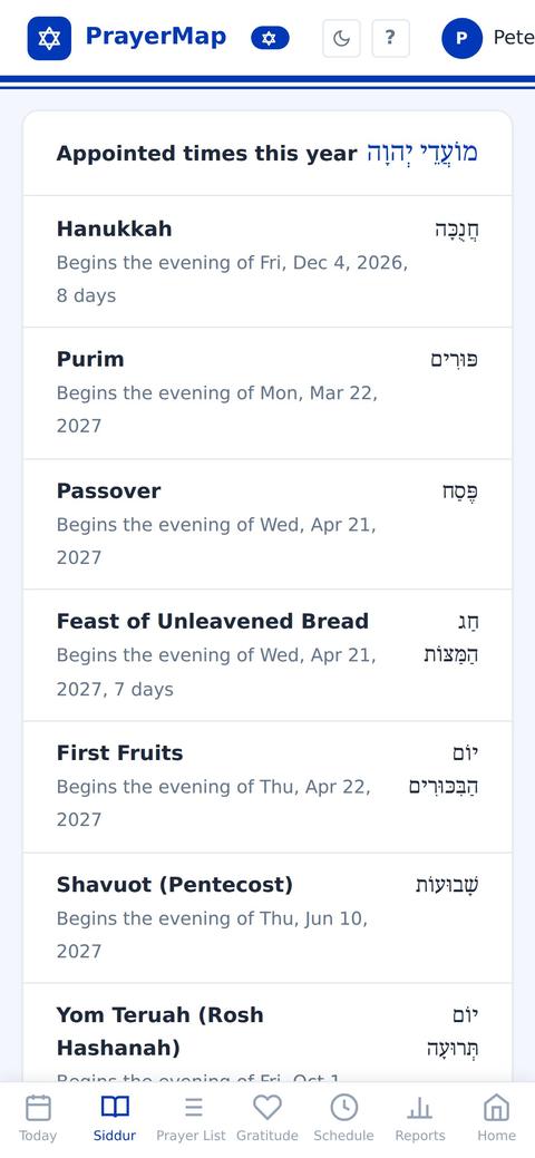 Appointed times this year on a phone, from Hanukkah to Sukkot, each with the evening it begins