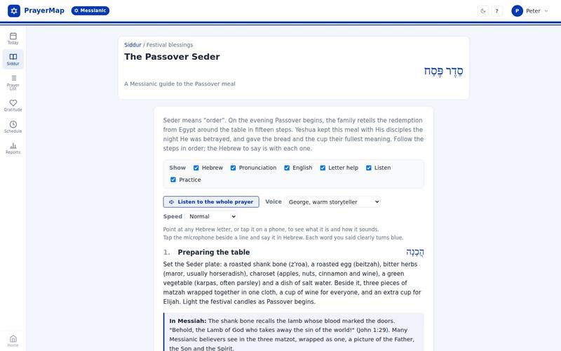 The Passover Seder in PrayerMap: the first step, preparing the table, with what goes on the Seder plate and what the shank bone means in Messiah