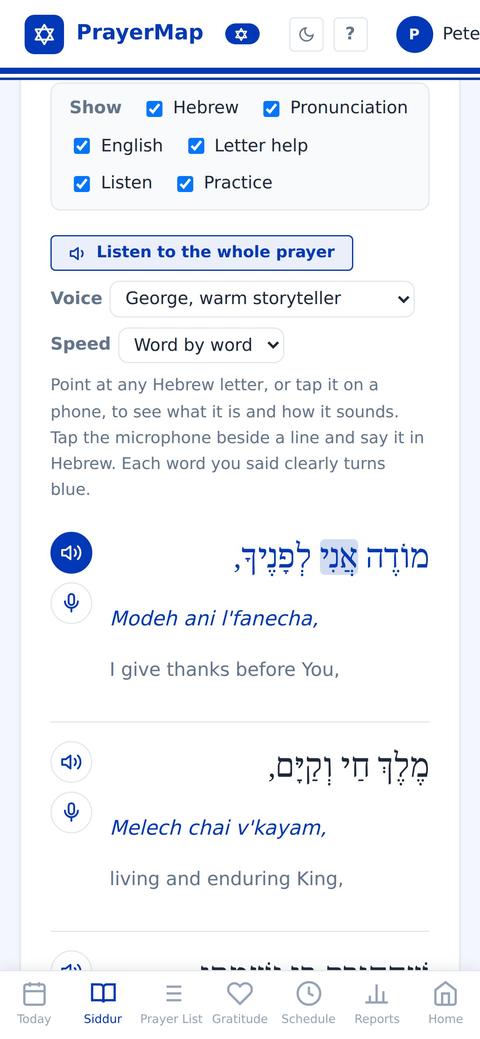 Modeh Ani playing word by word on a phone, the word ani highlighted in the Hebrew line, with voice and speed choices above