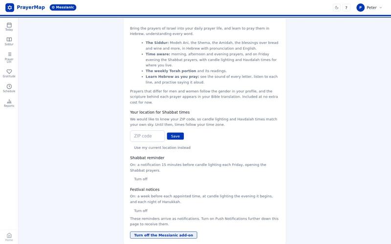 The Messianic Prayers settings in the PrayerMap profile: what the add-on brings, a ZIP code box for Shabbat times, the Shabbat reminder and festival notices